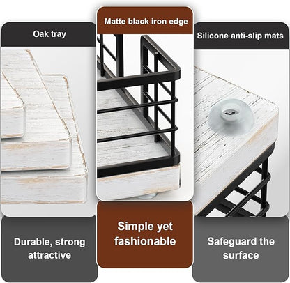 Wican Guest Towel Holder Tray for Bathroom, Oak and Iron Napkins Holder for Powder Room Dinning Table Wooden Basket for Disposable Paper Hand Towels Black and Farmhouse White