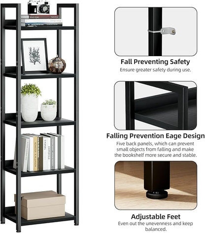 NUMENN Narrow Bookshelf, 5 Tier Bookshelves, Home Office Bookcase Shelf Storage Organizer, Free Standing Storage Shelving Unit for Bedroom, Living Room and Home Office, Black