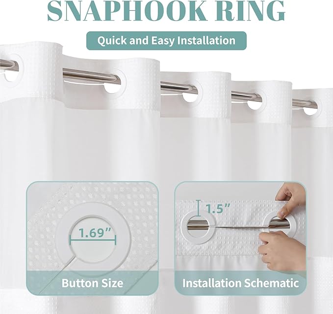 Stall White No Hook Waffle Weave Shower Curtain with snap-in Liner Replacement, 230GSM Waterproof Fabric Hotel Shower Curtain Set for Bathroom, Through Mesh Top Window,54Wx80H