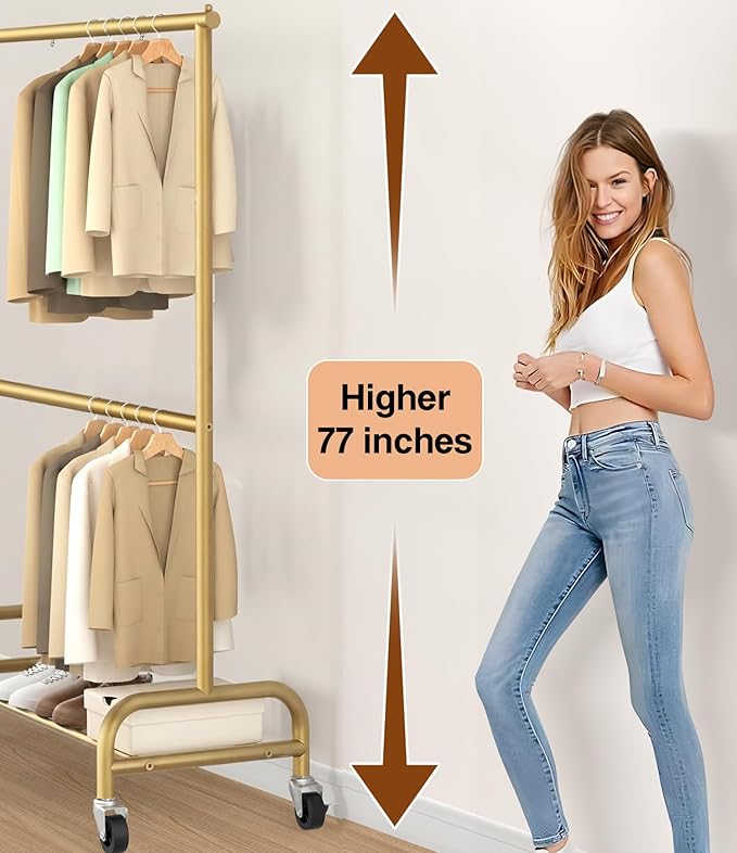 MISSLO Heavy Duty Clothes Rack for Hanging Clothes Rolling Clothing Rack Heavy Duty on Wheels for Coat, Garment, Gold(Double Rod)