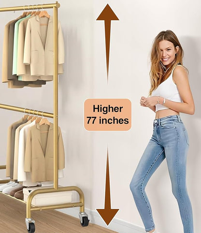 MISSLO Heavy Duty Clothes Rack for Hanging Clothes Rolling Clothing Rack Heavy Duty on Wheels for Coat, Garment, Gold(Double Rod)