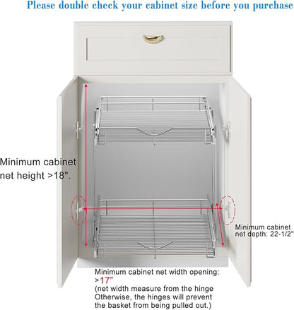DINDON 2 Tier Pull Out Cabinet Organizer (17" W X 21" D), Double Tier Wire Basket Slide Out Shelf Storage for Kitchen Base Cabinet, Chrome Finish