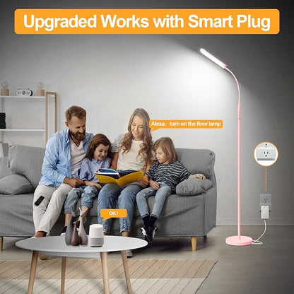 Pink LED Floor Lamp, 18W 1800LM Bright Floor Lamp with Remote & Works with Smart Plug, Dimmable Timing Eye Caring Reading Light Modern Standing Floor Lamps for Living Room Bedroom Office