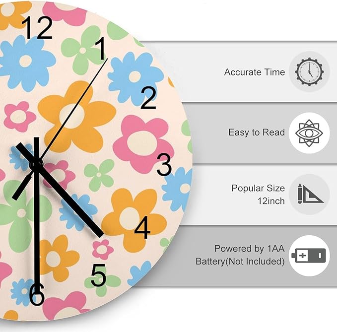 Flower Wall Clock Silent Non Ticking Battery Operated, Cartoon 70s Cute Flower Abstract Pastel Daisy Floral Clock Decorative for Bathroom Kitchen Bedroom Living Room(12 Inch)