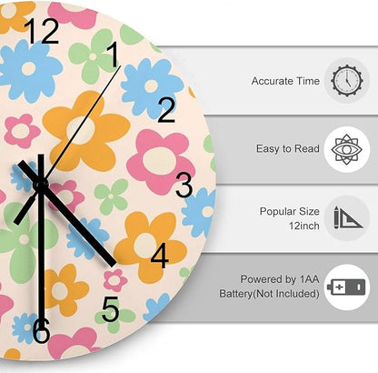 Flower Wall Clock Silent Non Ticking Battery Operated, Cartoon 70s Cute Flower Abstract Pastel Daisy Floral Clock Decorative for Bathroom Kitchen Bedroom Living Room(12 Inch)