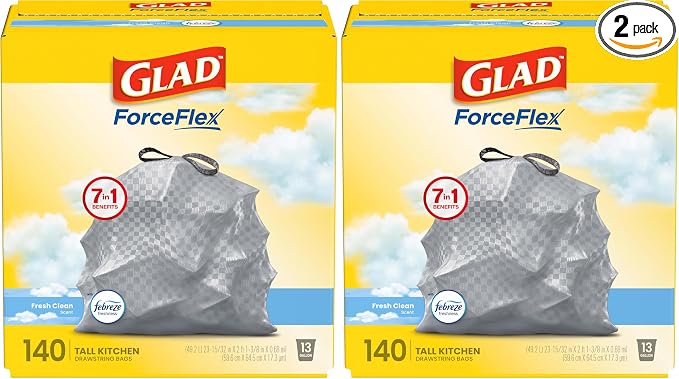 Glad ForceFlex Tall Kitchen Trash Bags, 13 Gallon, Fresh Clean, (Package May Vary),140 Count (Pack of 2)