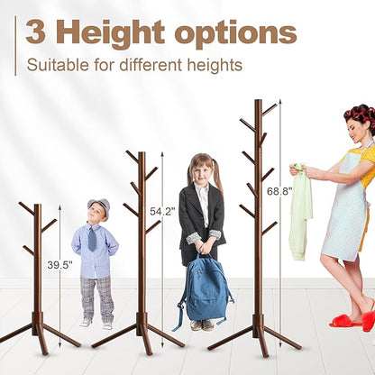 Wooden Coat Rack Stand, Freestanding Coat Rack with 8 Hooks, 3 Adjustable Size Coat Tree for Hats, Coats, Scarves bags, Coat Hanger Stand Used in Bedroom/Office/Entryway,2 PCS (Brown)