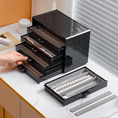 YUFONG Necklace Holder Organizer, Dustproof Necklace Box Velvet Necklace Organizer Box with Lid Clear Acrylic Dustproof Stackable Jewelry Displays for Necklaces Chain Display (Black Gray, 5 Drawer)