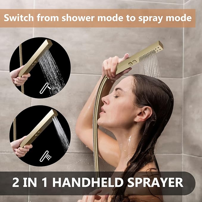 Shower Faucet Set Rainfall Shower System with Square Showerhead and Handle Set Fixture with 2 in 1 Function Handheld Sprayer Wall Mounted Trim Repair Kit Rough-in Valve 8 Inch Brushed Gold