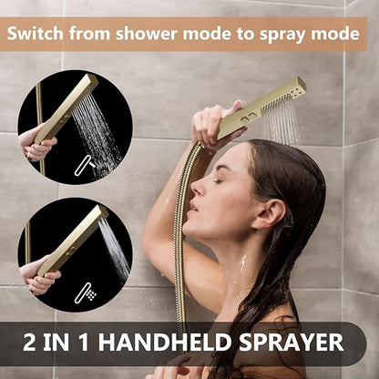 Shower Faucet Set Rainfall Shower System with Square Showerhead and Handle Set Fixture with 2 in 1 Function Handheld Sprayer Wall Mounted Trim Repair Kit Rough-in Valve 8 Inch Brushed Gold