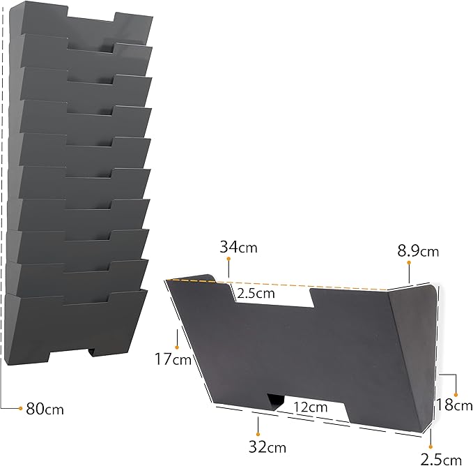 Gray Wall Mount Steel Vertical File Organizer Holder Rack 10 Sectional Modular Design Wider Than Letter Size 13 Inch Multi-Purpose Organize Display Magazines Sort Files and Folders