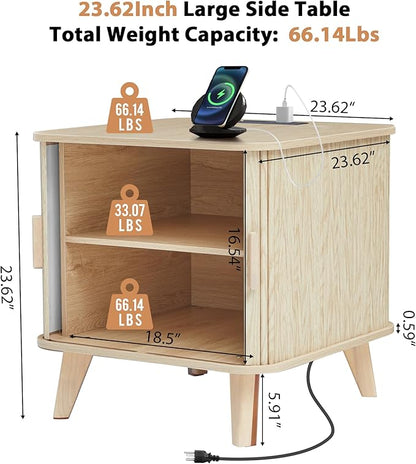 Farmhouse Square End Table with Charging Station, 24" Large Fluted Sofa Side Table with Sliding Tambour Door and Storage, Rustic Curved Wood Nightstand for Living Room, Bedroom, Natural