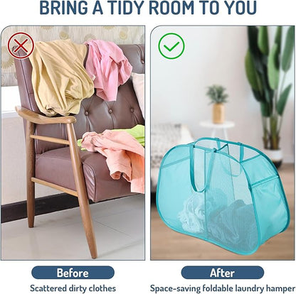 Seiritex Mesh Popup Laundry Hamper 2 Compartment, Collapsible Laundry Sorter Basket Foldable Hamper for Clothes, College Dorm, Travel (Turquoise Blue)