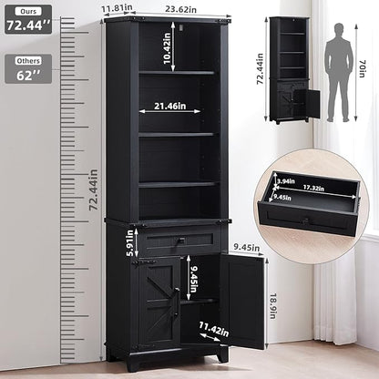 72in Tall Bookshelf 7 Tier Bookcase with Drawer and Barn Doors and Adjustable Shelves, Black Farmhouse Book Shelf with Storage Cabinet, Wood Freestanding Display Bookshelves for Kitchen (4PCS)