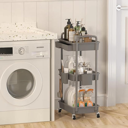 LLMRR 3 Tier Rolling Utility Cart with Drawer, Plastic Storage Organizer Rolling Carts with Wheels Handles Hanging Cups Hooks for Office, Bathroom, Kitchen,Craft Art Room (Grey)