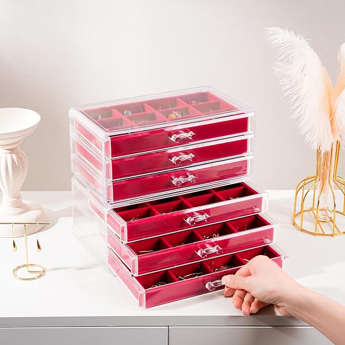 Lolalet Earring Holder Organizer Box Jewelry Storage with 6 Drawers, Clear Acrylic Stackable Earring Case with Adjustable Velvet Trays for Women on Dresser Vanity -Red, 6 Layers