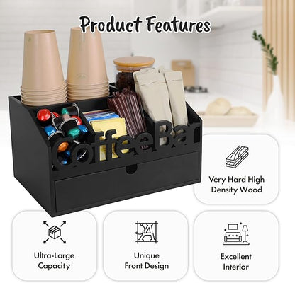 Coffee Bar Organizer for Countertop - Wooden Coffee Organizer Condiment Station, Coffee Station Organizer for Home & Office, K Cup Stand for Counter, Tea Box - Black Drawer Type