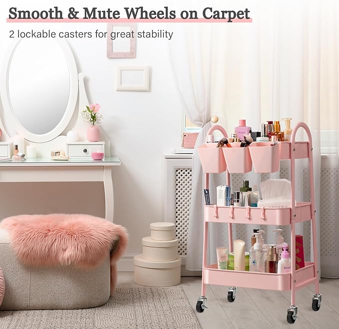 danpinera 3-Tier Rolling Cart, Utility Cart Mobile Metal Rolling Storage Cart with Lockable Wheels & Hanging Cups & Hooks for Kitchen, Bathroom, Office, Workshop, Pink