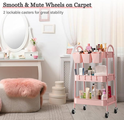 danpinera 3-Tier Rolling Cart, Utility Cart Mobile Metal Rolling Storage Cart with Lockable Wheels & Hanging Cups & Hooks for Kitchen, Bathroom, Office, Workshop, Pink