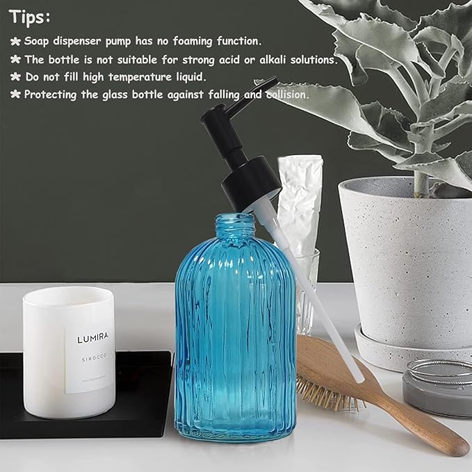 YYTSGG Blue Glass Soap Dispenser Set with Black Pump, 13.5oz Refillable Liquid Hand Soap Dispenser, Lotion Dish Soap Dispenser for Modern Home Decor, Kitchen Countertop, Bathroom, Hotel(2 Pack)
