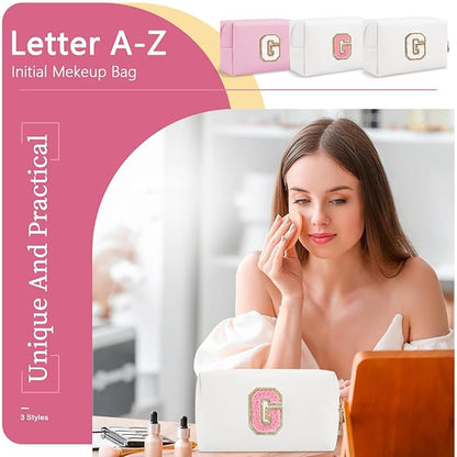 Personalized Makeup Bag Initial A-Z Preppy Patch Bag,Small PU Leather Travel Cosmetic Bag Pouch with Zipper,White Cute Toiletry Bag,Gift Ideal for Teen Girls Women Birthday Friend Mom,Letter G