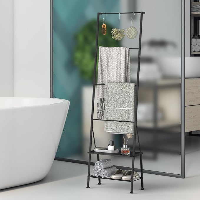 Blanket Ladder Metal Towel Ladder with Shelf Standing Towel Rack Holder for Bathroom 6 Tier Blanket Ladder for the Living Room Blanket Rack with Removable Hooks, Black