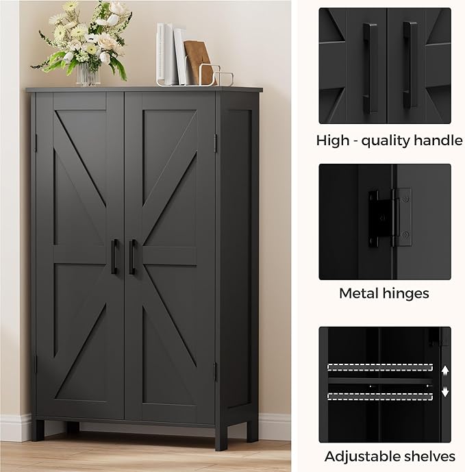 Homleke Farmhouse Bathroom Cabinet with Adjustable Shelves, Free-Standing Storage Cabinet with Barn Doors, for Kitchen, Living Room, Dining Room, Entryway, Black