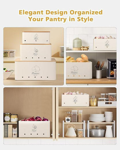 Kitchen Vegetable Storage Tins Set of 3 for Potatoes, Onion, Garlic, Vegetable Storage Containers with Ventilation and Bamboo cover, White metal material, Potato and Onion bin for Pantry