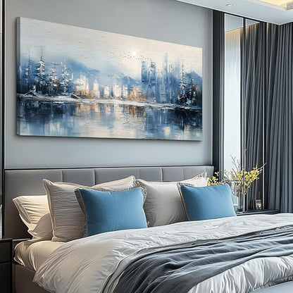 QIYILEXWART Canvas Wall Art For Living Room Large Wall Decor For Office Bedroom Decorations The Blue Lake Pictures Stretched And Framed Watercolour Abstract Painting Artwork Room Ready To Hang