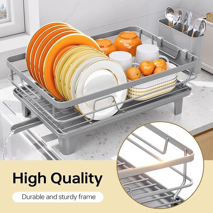 TOOLF Dish Drying Rack, Small Dish Racks for Kitchen Counter, Stainless Steel Sink Organization and Storage Essentials with Cutlery Holder, Dish Drainer, Home and Appartment Decor, Gray