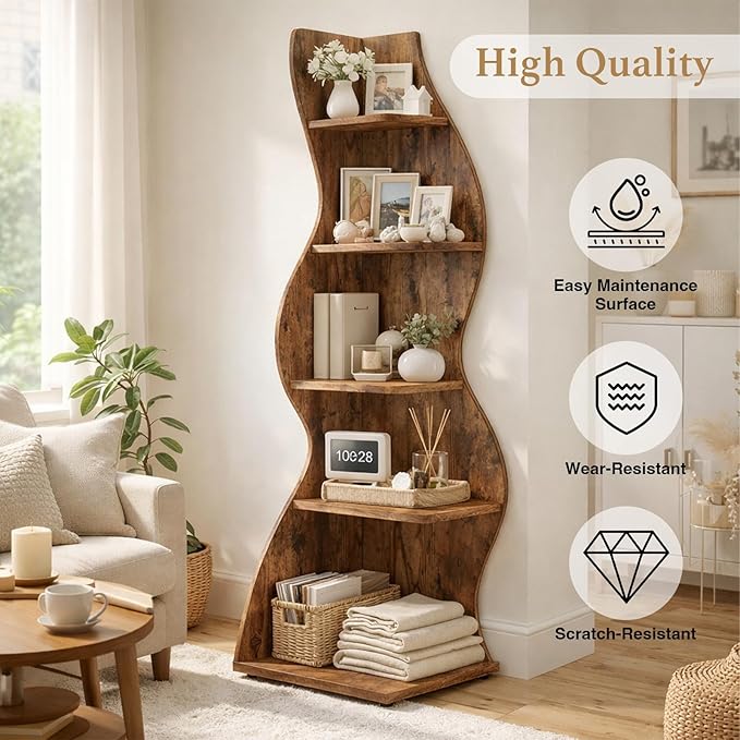 Arvolia 70 Inch Corner Bookshelf, Modern 5-Tier Small Bookshelf with Unique Curved Design, Freestanding Vertical Storage Shelf for Living Room, Bedroom or Home Office (Brown Modern)