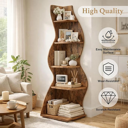 Arvolia 70 Inch Corner Bookshelf, Modern 5-Tier Small Bookshelf with Unique Curved Design, Freestanding Vertical Storage Shelf for Living Room, Bedroom or Home Office (Brown Modern)