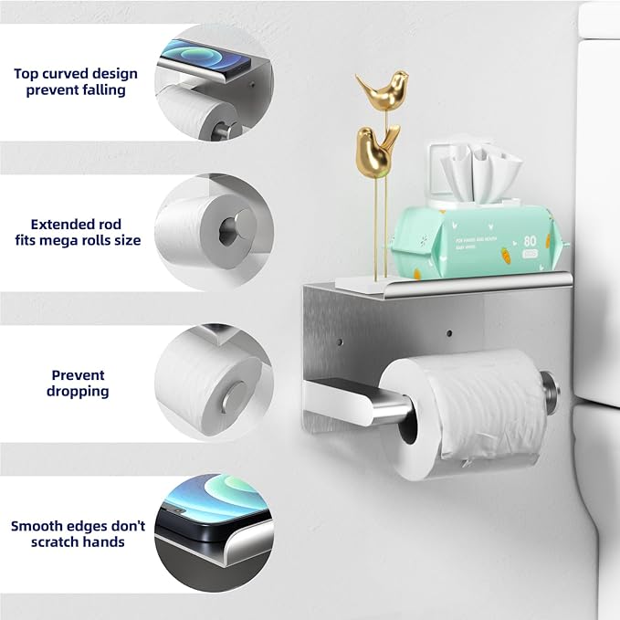 GLNLQ Brushed Nickel Toilet Paper Holder Wall Mount, Fits Mega Rolls Size Sliver Toilet Paper Holder with Shelf, Rustproof Stainless Steel Toilet Paper Roll Holder, Toilet Tissue Holder for Bathroom