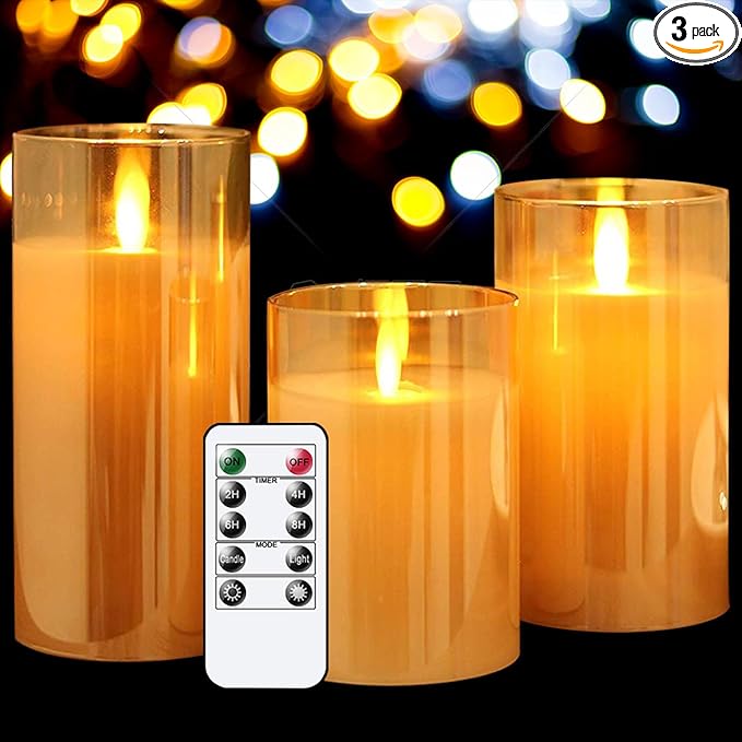 GenSwin LED Flameless Flickering Battery Operated Candles with Remote Timer, Real Wax Moving Wick Pillar Glass Candles for Festival Wedding Christmas Home Party Decor(Gold, Pack of 3)
