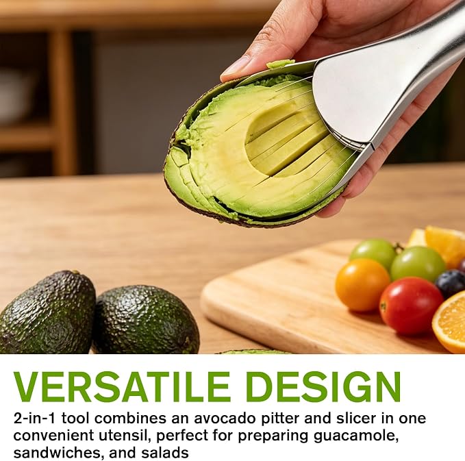 Avocado Slicer Tool, 3-in-1 Stainless Steel Avocado Slicer Tool with Peeler & Pitter, Silver & Green Design for Slicing, Scooping Pit Removal (9.37 x 2.28 In)