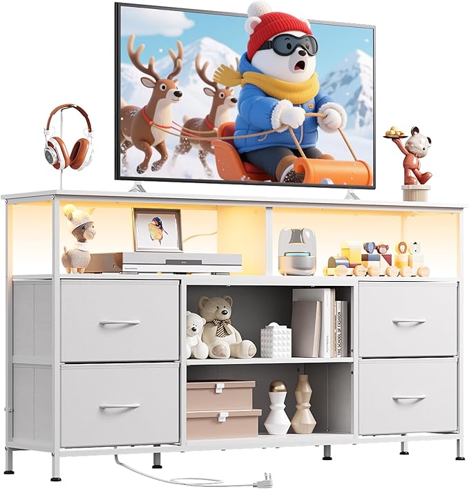 WLIVE TV Stand Dresser for 50,55,60 inch TV, Entertainment Center with LED Lights & Fabric Drawers, Dresser TV Stand for Bedroom and Living Room with Open Shelves, White