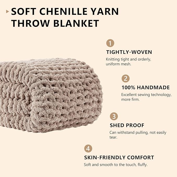 L'AGRATY Chunky Knit Blanket Throw: 60''x80'' Chenille Chunky Knitted Throw Blankets for Bed Couch - Handmade Thick Big Cable Knit Blanket - Large Crochet Rope Blankets for Home Decor(Light Taupe)