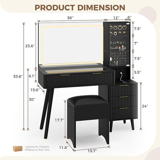 Garvee Vanity Desk with Lighted Mirror, Makeup Vanity with Charging Station, Glass Top Dressing Table with Cushioned Storage Stool for Bedroom, Black