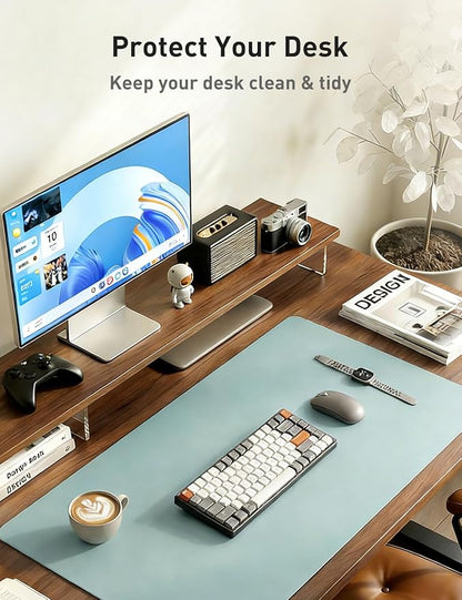 Aothia Faux Leather Desk Mat - Non-Slip PU Leather Desk Blotter, Waterproof Writing Surface, Large Desk Pad for Office & Home (Light Blue, 55" x 17")