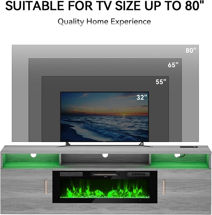 MXV 70" Fireplace TV Stand with Power Outlet for TVs UP to 80", Electric Fireplace Entertainment Center with LED Lights & Storage Cabinets, TV Console for Living Room, Office, Grey-Black