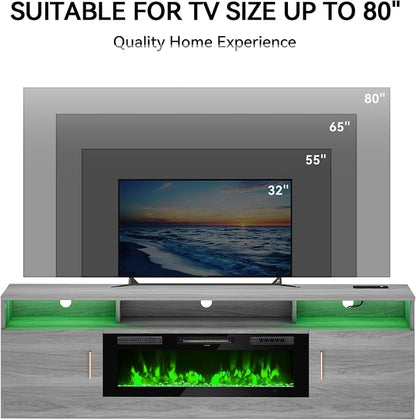 MXV 70" Fireplace TV Stand with Power Outlet for TVs UP to 80", Electric Fireplace Entertainment Center with LED Lights & Storage Cabinets, TV Console for Living Room, Office, Grey-Black