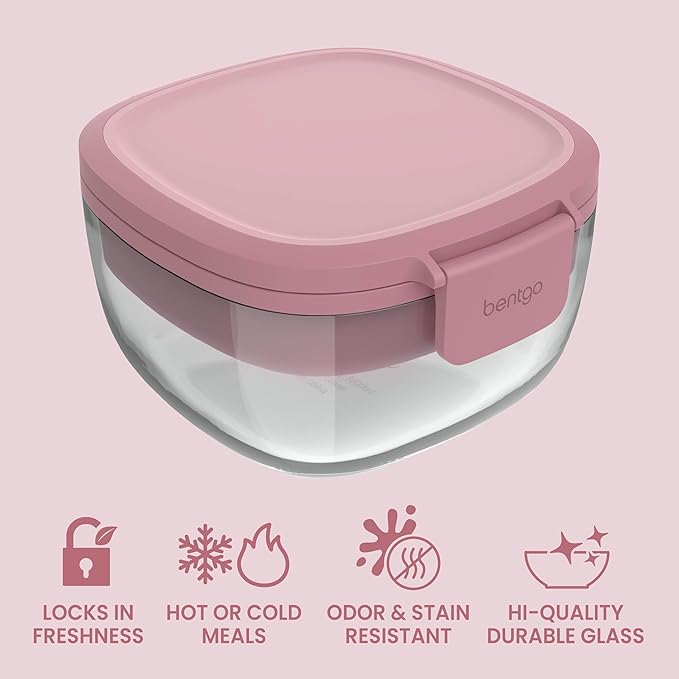 Bentgo Glass Salad Container - 7.6-Cup Salad Bowl with Airtight Lid, Leak-Proof Sauce Container, 4-Compartment Bento Tray & Reusable Fork - BPA-Free for Meal Prep, Office & More (Rose)
