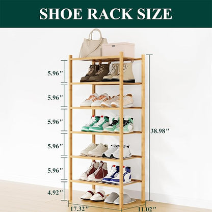 Smiry Small Bamboo Shoe Rack, 6 Tier Free Standing Wooden Shoe Organizer, Stackable Wood Shoe Storage Shelf for Closet, Entryway, 12 Vertical Slats, 2+2+2 Stack Standard Legs, 17.3"x11"x39", Natural