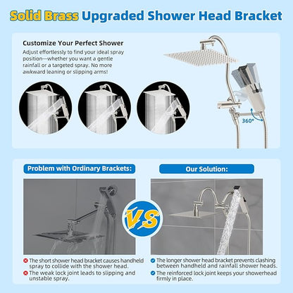 Hibbent All Metal cUPC Certified Shower Head, 12'' High Pressure Rainfall Showerhead Combo, Handheld Shower Wand, 12'' Adjustable Extension Arm, 4-Spray, 71'' Hose, Shower Holder, Brushed Nickel