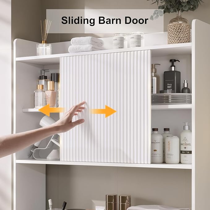 31.5" W Over The Toilet Storage Cabinet with Sliding Door, Bathroom Above Toilet Storage Cabinet with Adjustable Shelves, Toilet Paper Holder, Space Saver Cabinet for Bathroom, White