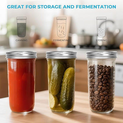 CycleMore 24oz 12 Pack Mason Glass Jars with Silver Separable Lids, Wide Mouth Canning Jars, Glass Pickle Canning Jars for Jelly, Jam, Honey, Wedding Favors, Spices and Herbs