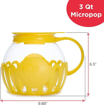Ecolution Patented Micro-Pop Microwave Popcorn Popper with Temperature Safe Glass, 3-in-1 Lid Measures Kernels and Melts Butter, Made Without BPA, Dishwasher Safe, 3-Quart, Yellow