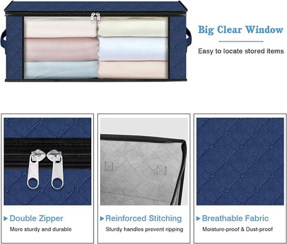 HomeHacks Storage 4-Pack Clothes Organizer Storage Bags Foldable Storage Box with Large Clear Window Sturdy Handles for Closet, Dorm, Pillows, Bedding, Clothes, Blankets, 35L, Blue