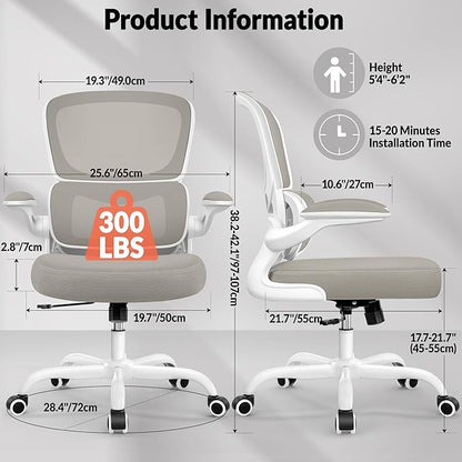 Office Chair Ergonomic Desk Chair, Breathable Mesh Comfy Chair with Lumbar Support, Home Desk Chair with Flip-up Armrests, Gaming Chair for Adults Home Office (LightGray,4Pack)