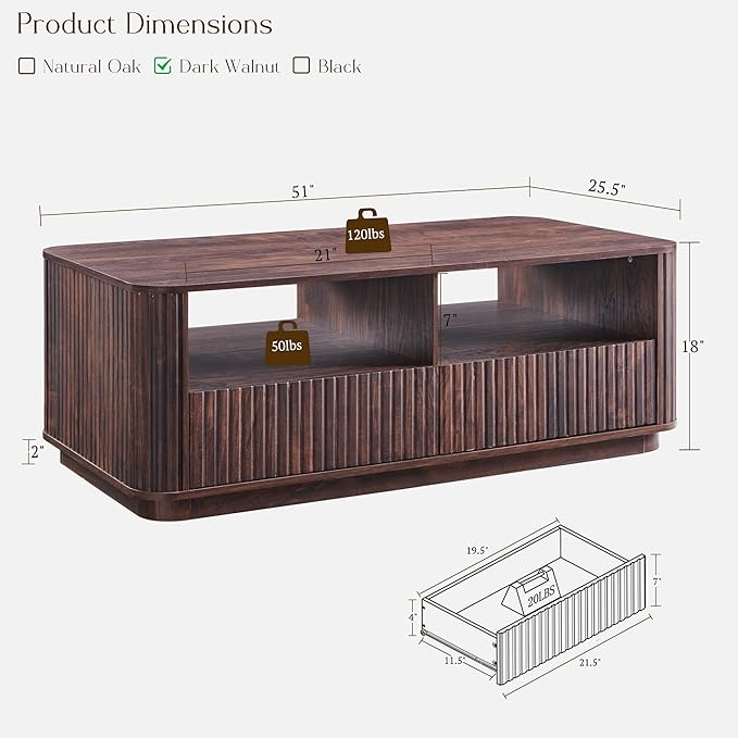 ACCOHOHO 51" Fluted Coffee Table with Storage, Large Modern Center Table with 2 Drawers, Rectangle Wood Coffee Table for Living Room, Dark Walnut
